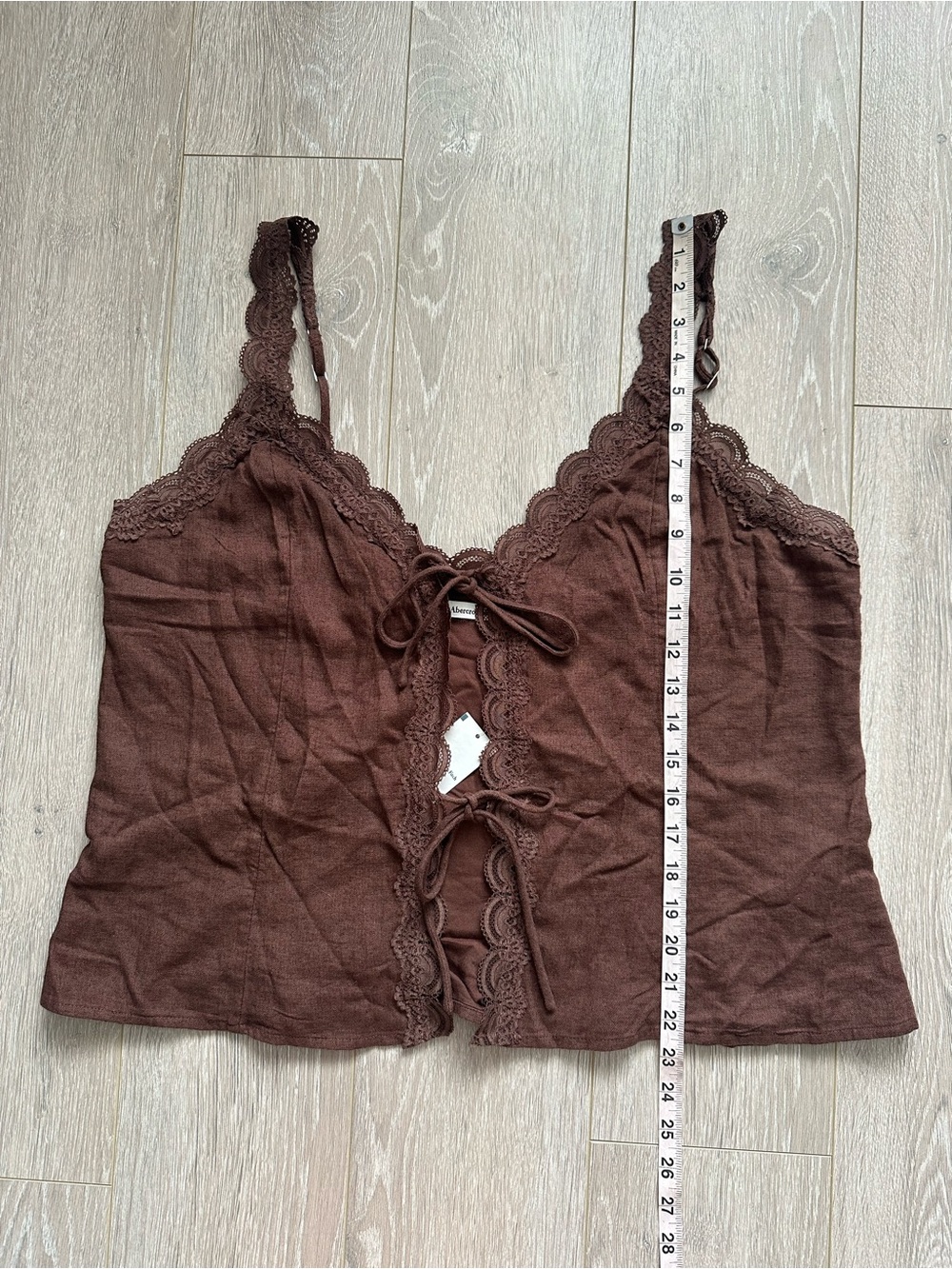 Abercrombie & Fitch Lace Trim Tie Front Top Tank Linen Blend Brown Sz XL NWT New - Picture 12 of 12